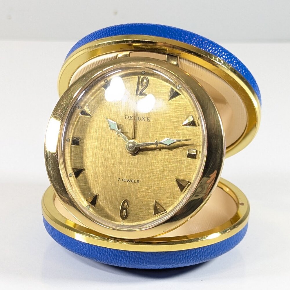 vintage mcm Deluxe travel alarm clock 7 jewels Germany round travel WORKS